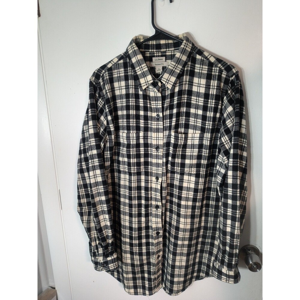 LL Bean Flannel Shirt Mens Large L Black White Plaid Relaxed Fit Cotton...